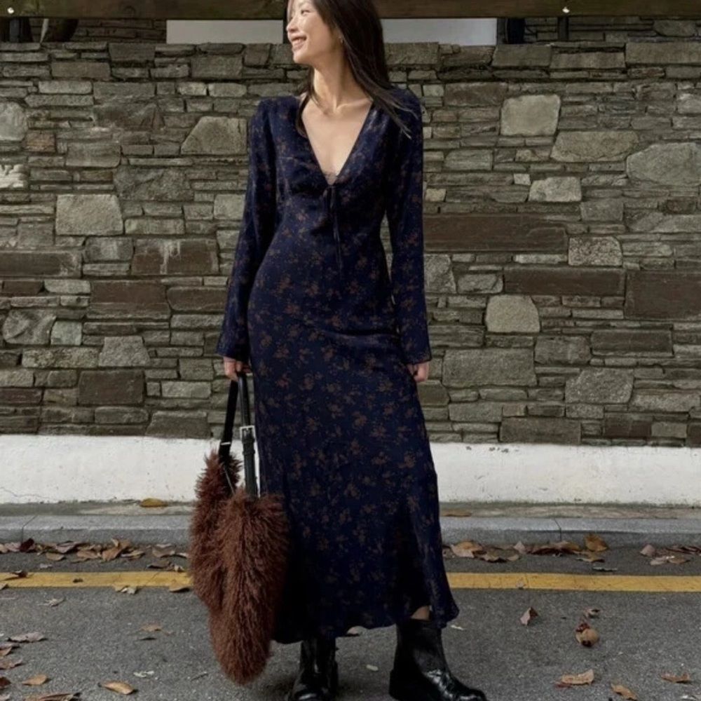 Zara Navy Floral Midi Dress
